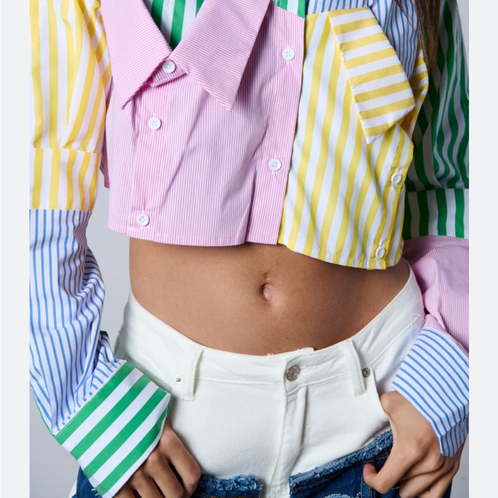 AKIRA Multi-Stripe Cropped Button-Up in Pink, Green, Blue - Picture 6 of 6